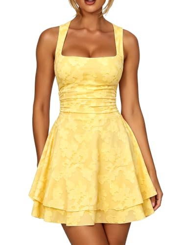 Kaximil Women's Square Neck Floral Ruffle A Line Mini Dress, XS, Yellow