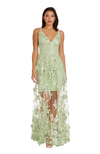 Dress the Population Womens Embellished Plunging Gown Sleeveless Floral Long Dress, Sage Sidney, Medium