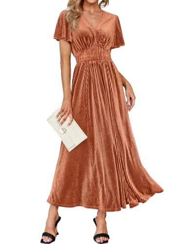 Simplee Women’s Short Sleeve Velvet Maxi Dress V Neck Formal Dress(L Burnt Orange)