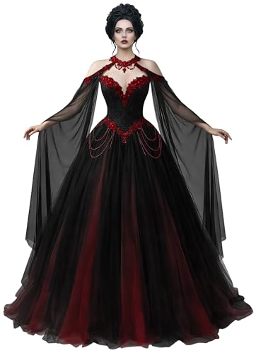 Mauuwy Gothic Rust Wedding Dress with Long Cap 3D Flowers Ball Gown