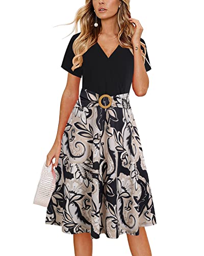 Fit and Flare Dresses for Women Petite Elegant Criss-Cross V Neck Vintage Short Sleeve Work Cocktail Tea Aline Dress with Pockets 980 Black Apricot XXL