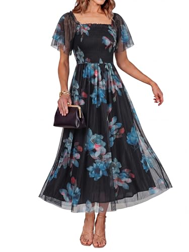 Simplee Womens Floral Maxi Dresses 2026 Summer Boho Wedding Guest Dress | Short Sleeve, Flowy, Smocked, Mesh, Square Neck, Tea Party, Casual, Modest, Bride, Floral Black Blue XL