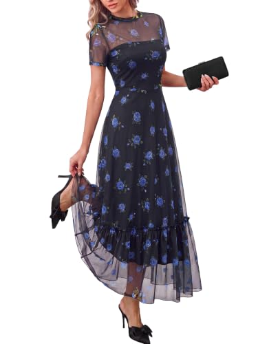 BTFBM Womens Mesh Ruffle Boho Cocktail Dresses,Floral Black Royal Blue,M