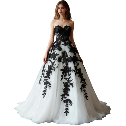 Dydsz Strapless Black Appliques Evening Formal Dresses for Women White 4