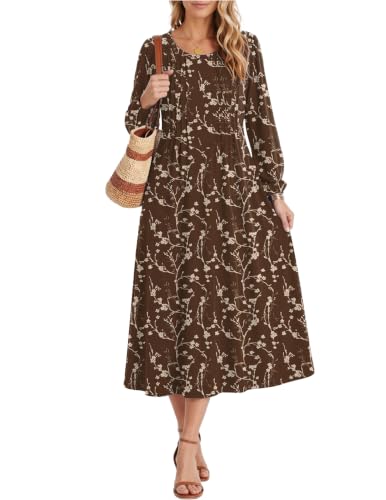 Zeagoo Floral Dress for Womens Fall Dress Long Sleeve Midi Dresses 2026 A Line Pleated Dress for Autumn Winter, Brown Floral XL