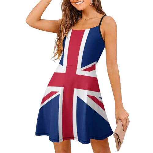 XUTSAKDCJ Womens Summer Mini Dresses A-line Lightweight British UK Flag Sling Dress Travel Adjustable Spaghetti Strap Sundress