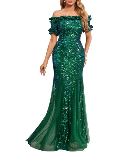dasmzper Women's Off Shoulder Sequin Formal Evening Gown with Mesh Hem | Cocktail Party Maxi Dress, Elegant Bodycon Gown, Ruffle Short Sleeve, Curve Flattering Fit for Wedding Guest,Prom,Gala