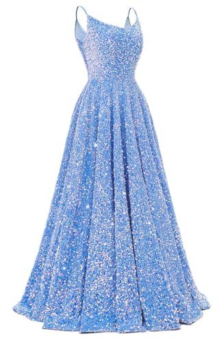Sequin Prom Dresses for Women Sparkly Spaghetti Straps Aline Evening Gown