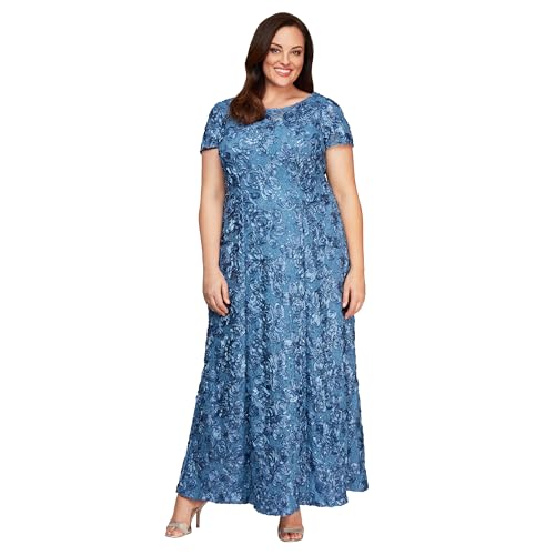 Alex Evenings Women's Long Rosette Mother of The Bride Dress with Short Sleeves, Wedding Guest, Brushed Peri, 14 Plus
