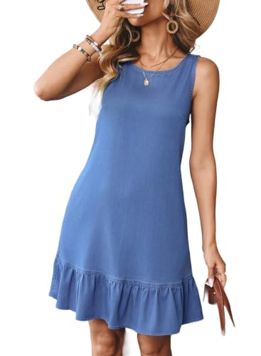 Sidefeel Women's Summer Denim Dresses 2026 Loose Sleeveless Sleeve Ruffled Edge Jean Sundresses Light Blue X-Large