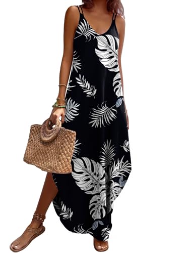 Zeagoo Hawaiian Dresses for Women Casual Boho Beach Sleeveless Split Maxi V-Neck Cover Up Summer Dress Leaf S