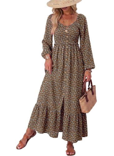 Dokotoo Fall Dresses for Women 2026 Elegant Classy Summer Boho Floral Square Neck Smocked Long Sleeve Button Empire Waist Summer Casual A Line Swing Resort Wear Long Maxi Dress Sundress X-Large Brown