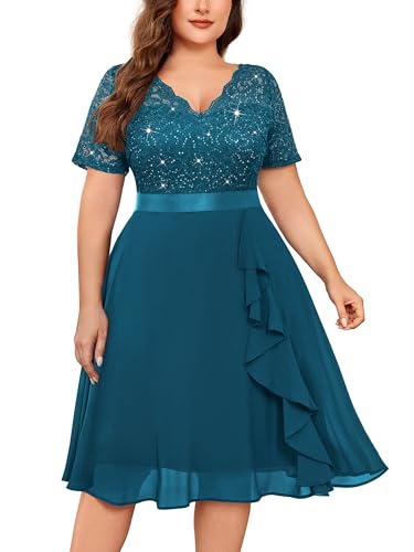 MISSMAY Plus Size Sequin Lace Ruffle Cocktail Party Dress Coral Blue