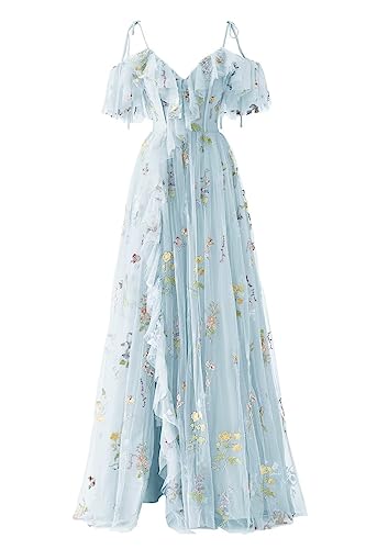 UZN Tulle Cold Shoulder Prom Dresses for Women Long Ruffles with Slit Flower Embroidery V-Neck Formal Evening Party Gown Floor Length Sky Blue Size6