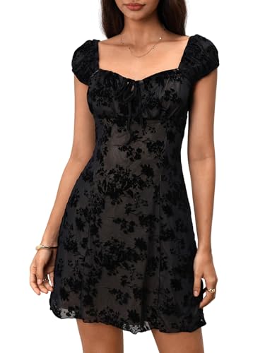 SweatyRocks Women's Mesh Velvet Floral Gothic Dresses Cap Sleeve Mini Dress
