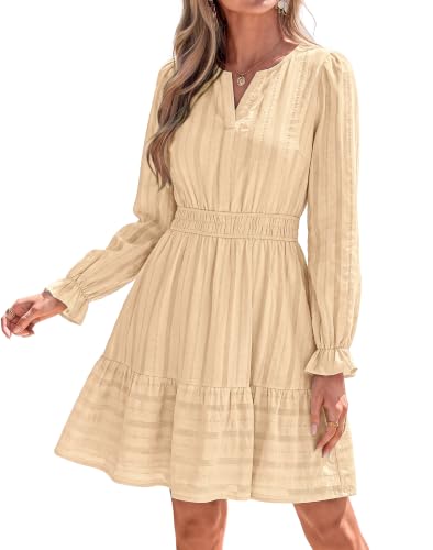 BTFBM Women Long Sleeve Flowy A Line Mini Fall Dress,M,Apricot