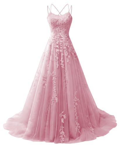 Blush Pink Elegant Spaghetti Straps Prom Evening Gown, Long Tulle Ball Gown with Lace Applique for Teens US12