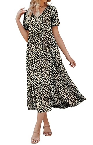 Women's 2026 Summer Short Sleeve V Neck Swing Dress Flowy Tiered Maxi Beach Sundress with Pockets