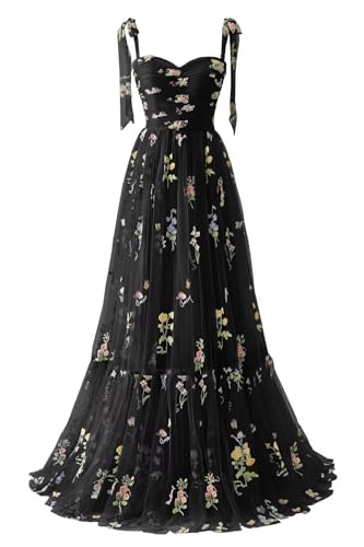 Maxianever Flower Embroidery Tulle Dress Floral Prom Dress Black 4