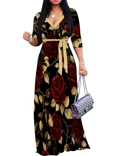 Sekuhu Womens Black and Gold Plus Size Maxi Dress Semi Formal Dress Church Outfits Wrap Dresses Spring Red Rose