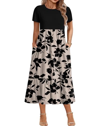 IN'VOLAND Plus Size Women Summer Casual 2026 Short Sleeve Crew Neck Long Sundress Flowy A-line Cute Beach Midi Dress with Pockets Black Flower
