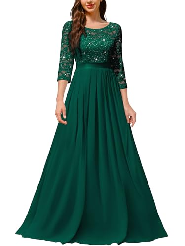 Miusol Women's Classy Scoop Neck Sequin Floral Lace Formal Party Maxi Dress