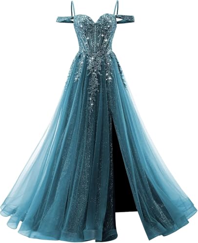 Sparkly Tulle Ball Gown for Prom 2026 Lace Applliques A Line Formal Evening Gown Long Teal Prom Dress with Slit