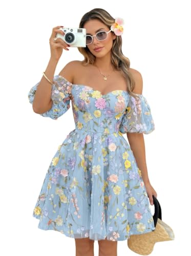 Tulle 3D Flower Appliques Prom Dresses for Women Strapless A-Line Homecoming Dress 2026 Pleated Short Sleeves Summer Bridesmaid Dress Mini Length GL0221-Light Blue 8