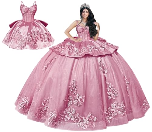 Mauuwy 2 in 1 Wisteria Vestidos De 15 Quinceañera Size 2 | Quinceanera Dresses with Bow ,Beaded Short Lace Appliques Birthday Party Gown ,Detachable two piece quince gown
