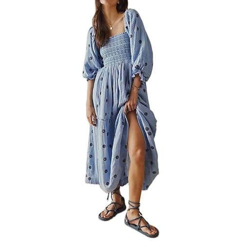 ABYOVRT Women Floral Embroidered Maxi Dress Long Puff Sleeve Square Neck Bohemian Flowy Dress with Pockets Summer Fall (Sky Blue,S)