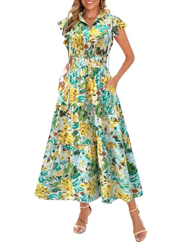 Kranda Summer Dresses for Women 2026 Short Ruffle Cap Sleeve Fall Spring Self-tie V Neck Empire Waist Casual A Line Swing Tiered Flowy Floral Boho Maxi Dress with Pockets Green Yellow Medium