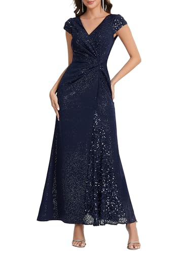 Ever-Pretty Women's Glitter V-Neck Formal Wedding Guest Dress Sequin Stretchy Mother of Bride Dresses Evening Gown Navy Blue US8