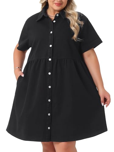 Agnes Orinda Women Plus Size Denim Dress Babydoll Sundress Jean Dresses | Collared Button Down, Short sleeves, babydoll style, Jean Dress with Pockets 2026 Vacation, Lightweight 5X Black