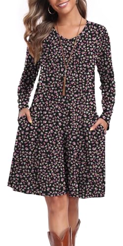 lionstill Fall Dresses for Women Flowy Long Sleeve T-Shirt Dress, Floral L