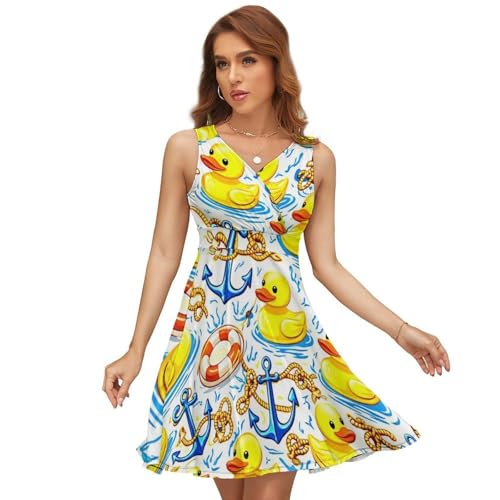 Rubber Duck Nautical Style Women's V Neck Sleeveless Skater Dress High Waist, Small