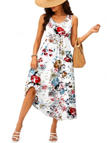 Women's Printed Flowy Sundress with Pockets U Neck Summer Dress