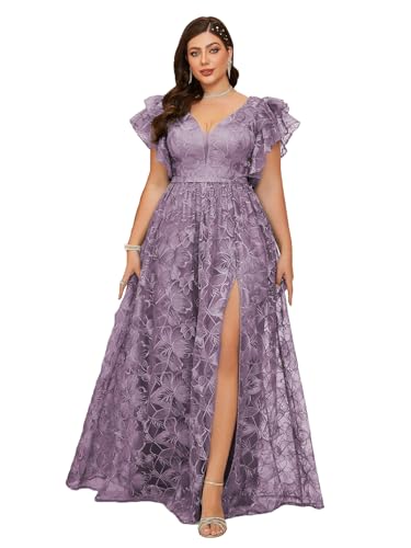 MIMIFINA Women's Plus Size V Neck Ruffled Sleeve Embroidered Lace Maxi Dress with High Slit Formal Evening Gown for Weddings Dusty Purple