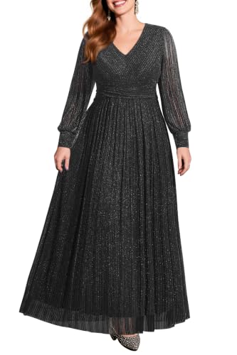 Pinup Fashion Plus Size Formal Evening Black Glitter Long Sleeve Long Dress