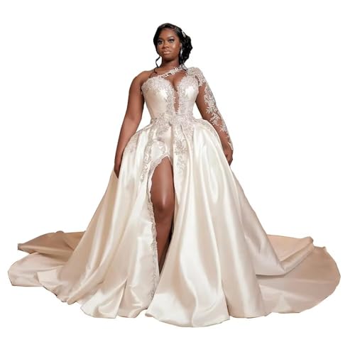 Luxury Beaded Crystals Wedding Dresses Single Shoulder Laces Mermaid Satin Bridal Gowns Slit with Detachable Train Ivory