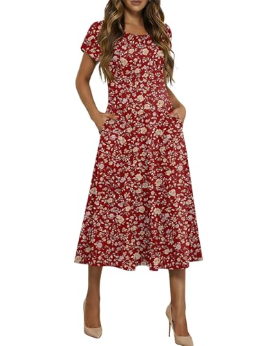 HOTOUCH Summer Midi Dresses for Women Cotton Dress with Pockets Womens Casual Spring Dresses Empire Waist Dress Boho, Red Floral 02,XL