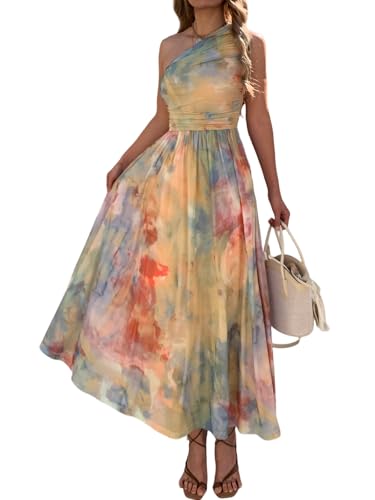 Evzeiem Women One Shoulder Floral Wedding Guest Maxi Dress Yellow L