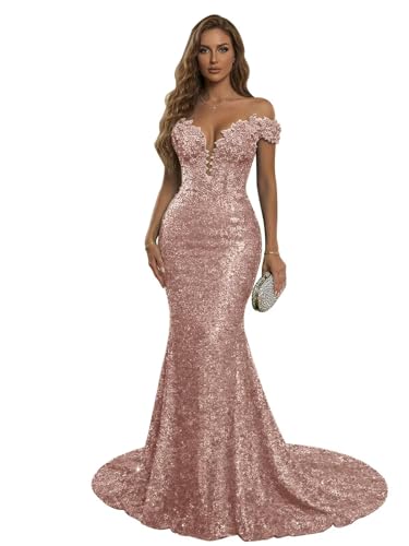 RYANTH Rose Gold Mermaid Prom Dress for Women 2026 Long Sparkly Sequin Formal Dresses Off The Shoulder Corset Cocktail Party Gowns Size 16