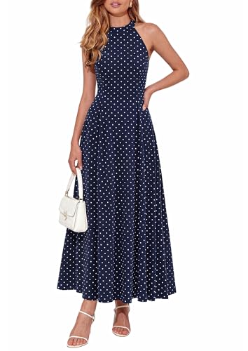 PRETTYGARDEN Summer Flowy Halter Dresses for Women Dot Dark Blue White,M | Elegant Floral/Polka Dot Print,Sleeveless A-Line,Maxi Long Sundress,Beach Vacation Outfits,Party Wedding Guest Dress