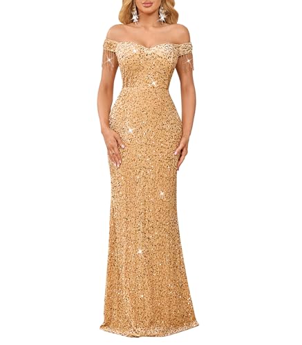 dasmzper Women Off Shoulder Sequin Evening Gown – Tassel Sleeve Formal Maxi Dress for Wedding, Prom Yellow