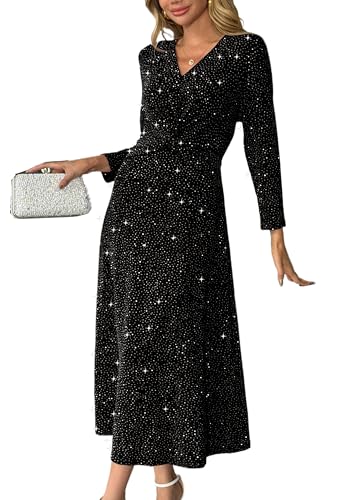 heipeiwa Women's Rhinestone Dresses Long Sleeve Ruched Sequin Sparkle Shiny Gown Party Wedding Guest Cocktail Maxi Dress Black