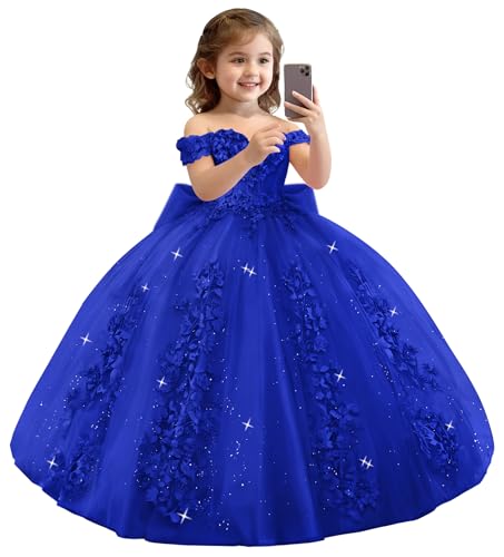 XYAYE Princess Royal Blue Flower Girl Dresses for Wedding 3D Floral Dress