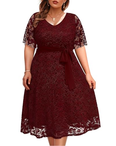Plus Size Cocktail Dresses Women Wedding Guest Burgundy Red Semi Formal Party Lace Evening Short Maroon V Neck Dress