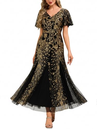 Ever-Pretty Women's Elegant Sequin Formal Evening Dress Mermaid V-Neck Short Sleeves Mother of Bride Dresses Black and Gold US12