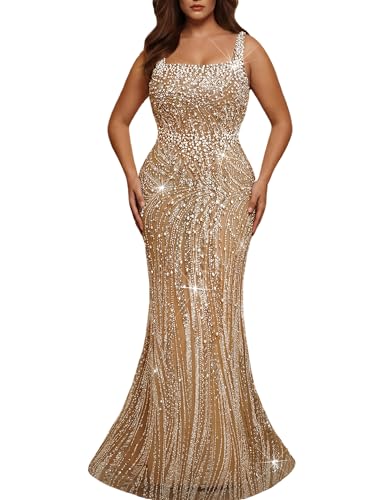VOUIAO Women Plus Size Sequin Evening Gown Beaded Prom Dress Champagne 1XL