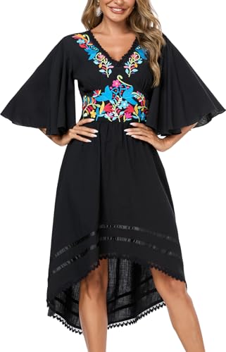 Women's Mexican Dress Casual Floral Embroidered V Neck Flowy 3/4 Sleeve Beach Sundress Cocktail Dress Black (L, E349BK)